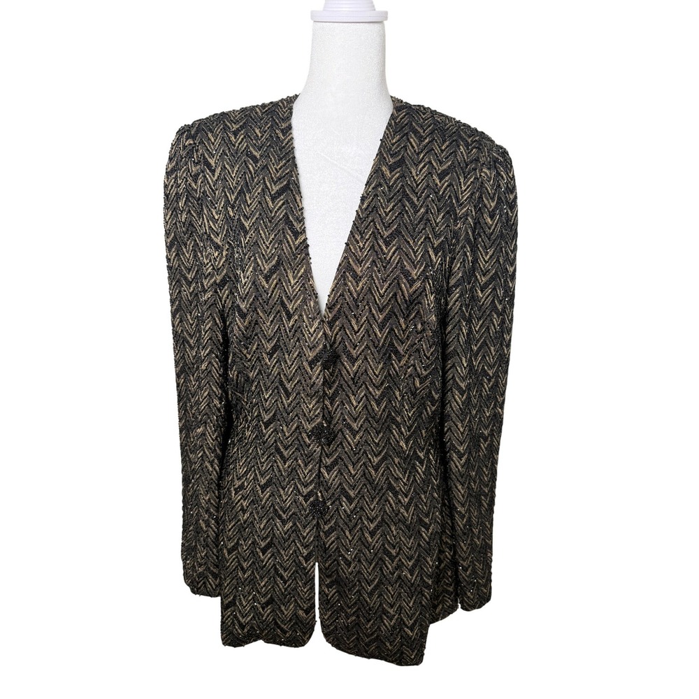 Carmen Marc Valvo Signature Embellished Chevron Blazer Jacket Black Gold Size 10